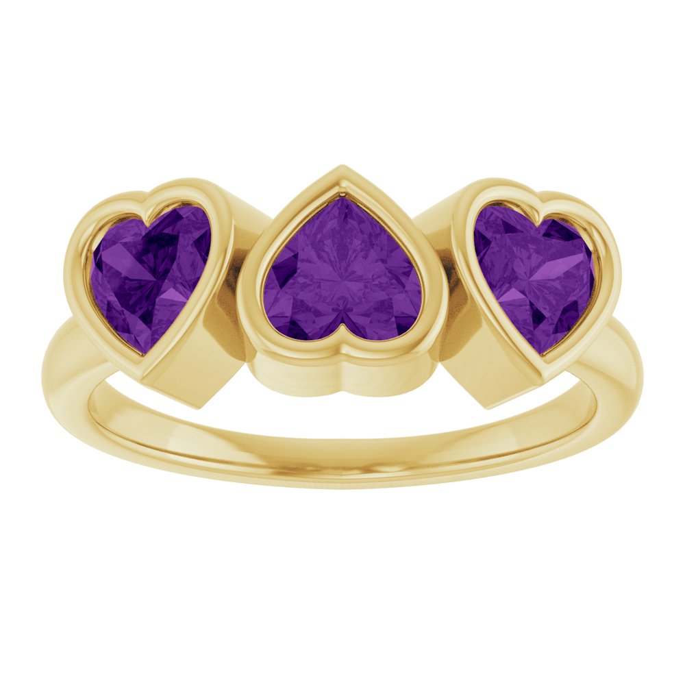 14K Yellow Gold Natural Amethyst Three-Stone Heart Ring