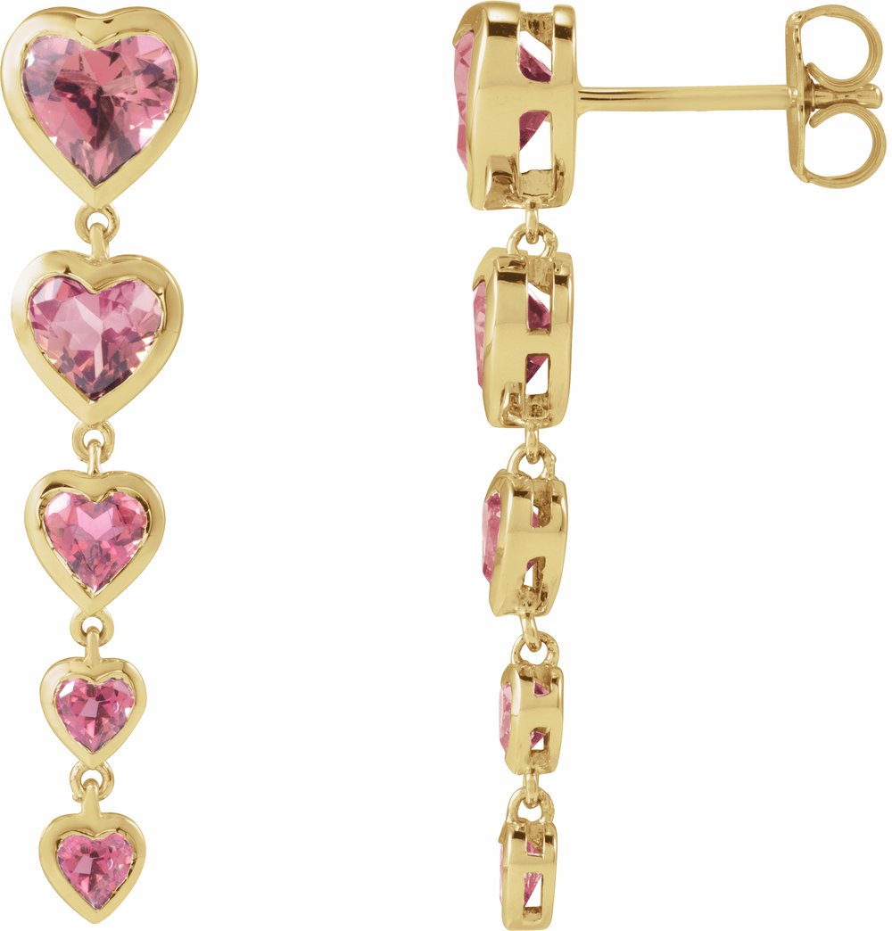 14K Yellow Gold Natural Pink Tourmaline Heart Earrings