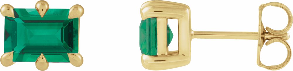 14K Yellow Gold 6x4 mm Lab-Grown Emerald Stud Earrings