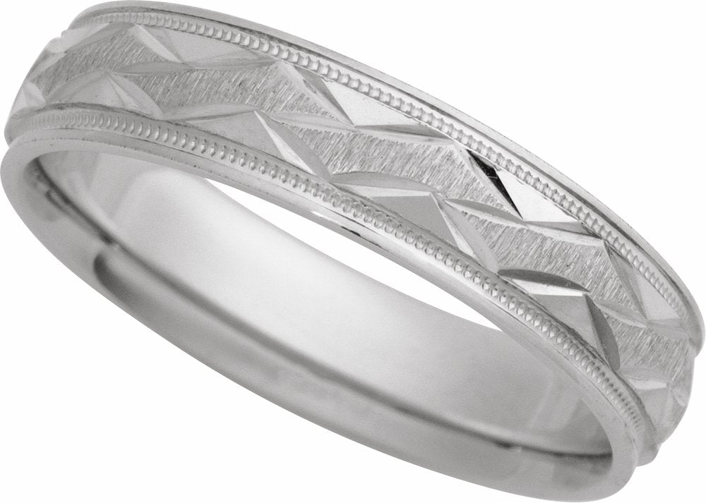 14K White Gold 5 mm Milgrain Edge Geometric Faceted Comfort-Fit Half Round Band