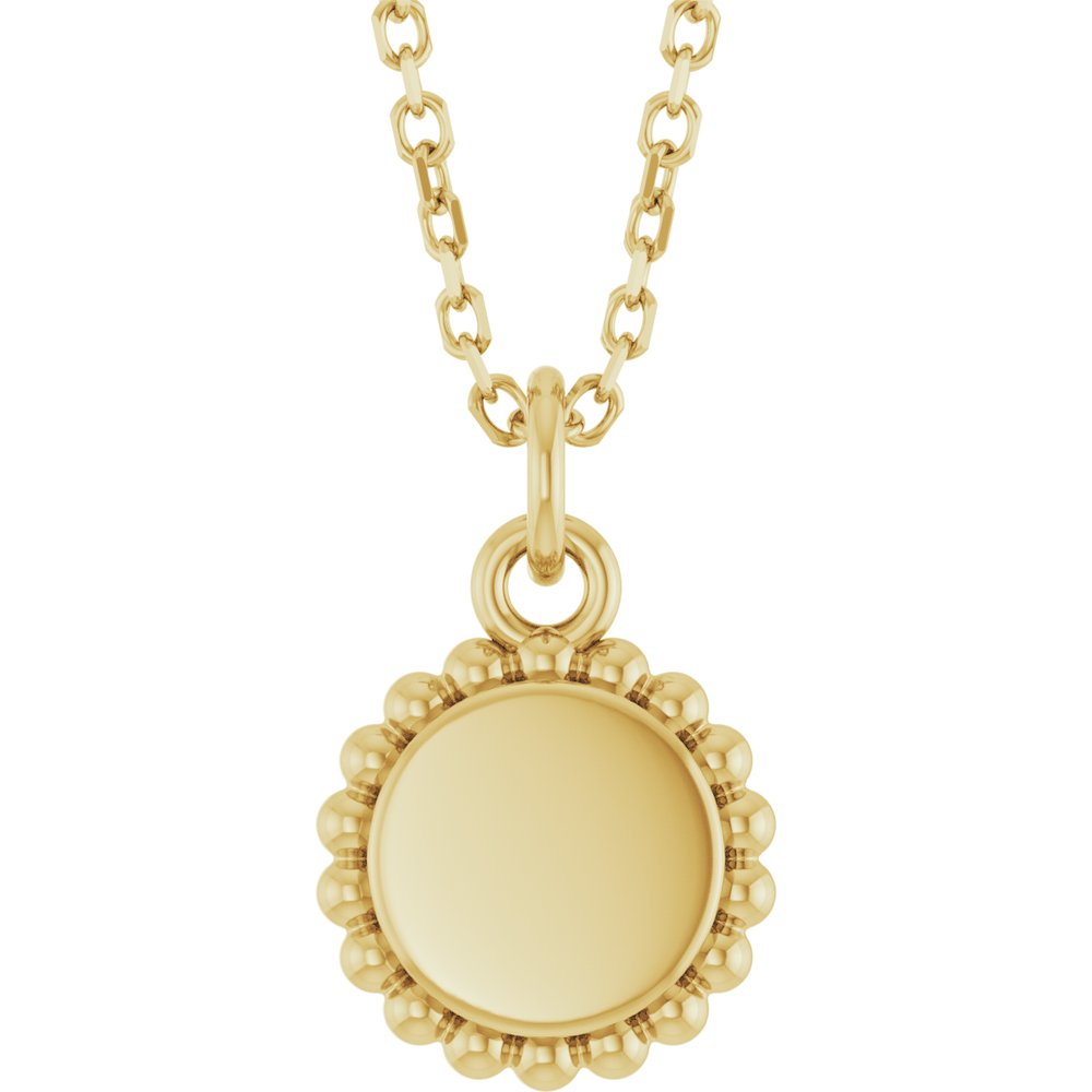 14K Yellow Gold Engravable Beaded Disc 16-18" Necklace