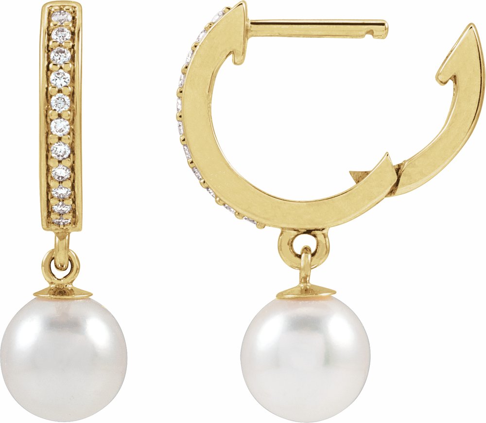 14K Yellow Gold Cultured White Freshwater Pearl & 1/10 CTW Natural Diamond Hoop Earrings