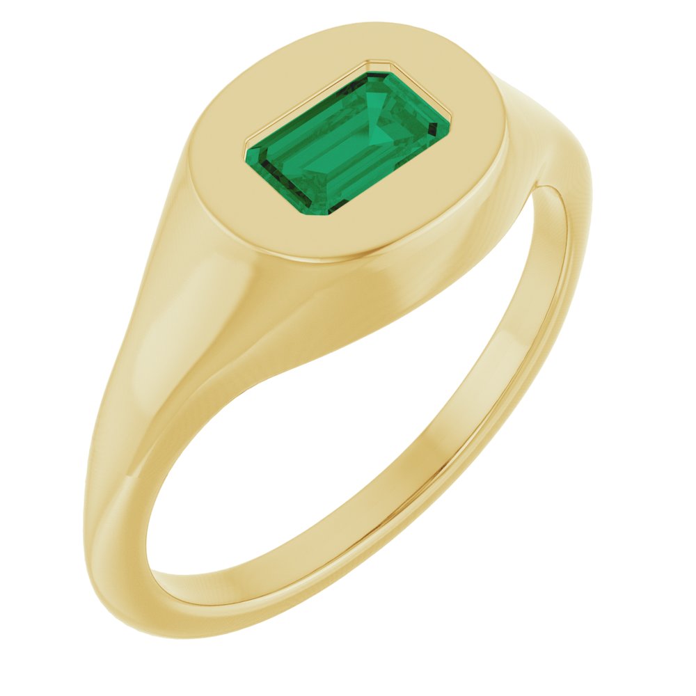 14K Yellow Gold Lab-Grown Emerald Signet Ring