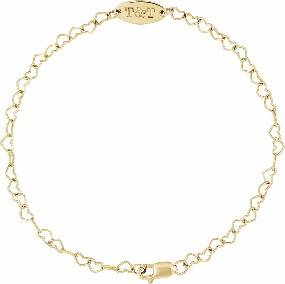 14K Yellow Gold Engravable Heart Link 7" Bracelet