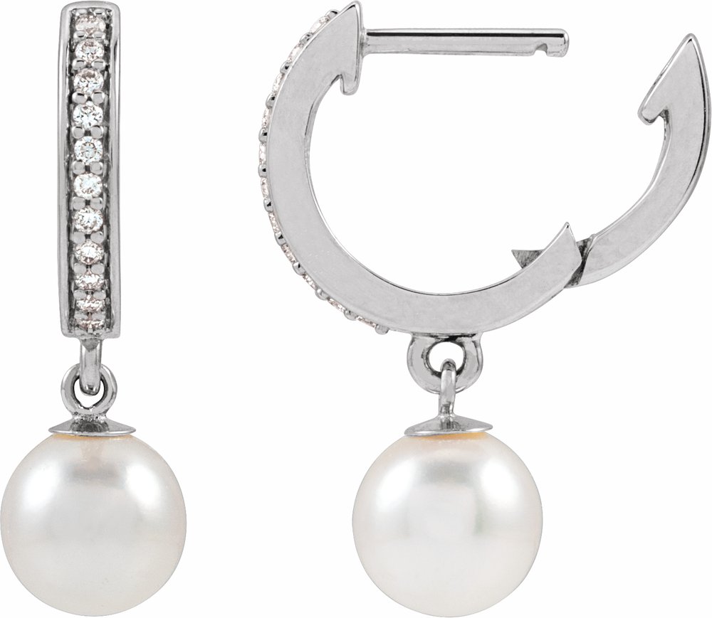 14K White Gold Cultured White Freshwater Pearl & 1/10 CTW Natural Diamond Hoop Earrings