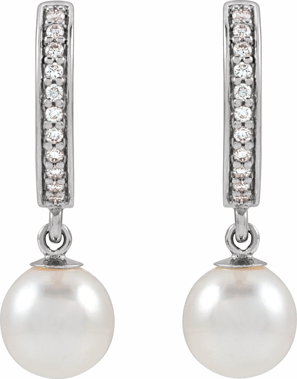 14K White Gold Cultured White Freshwater Pearl & 1/10 CTW Natural Diamond Hoop Earrings