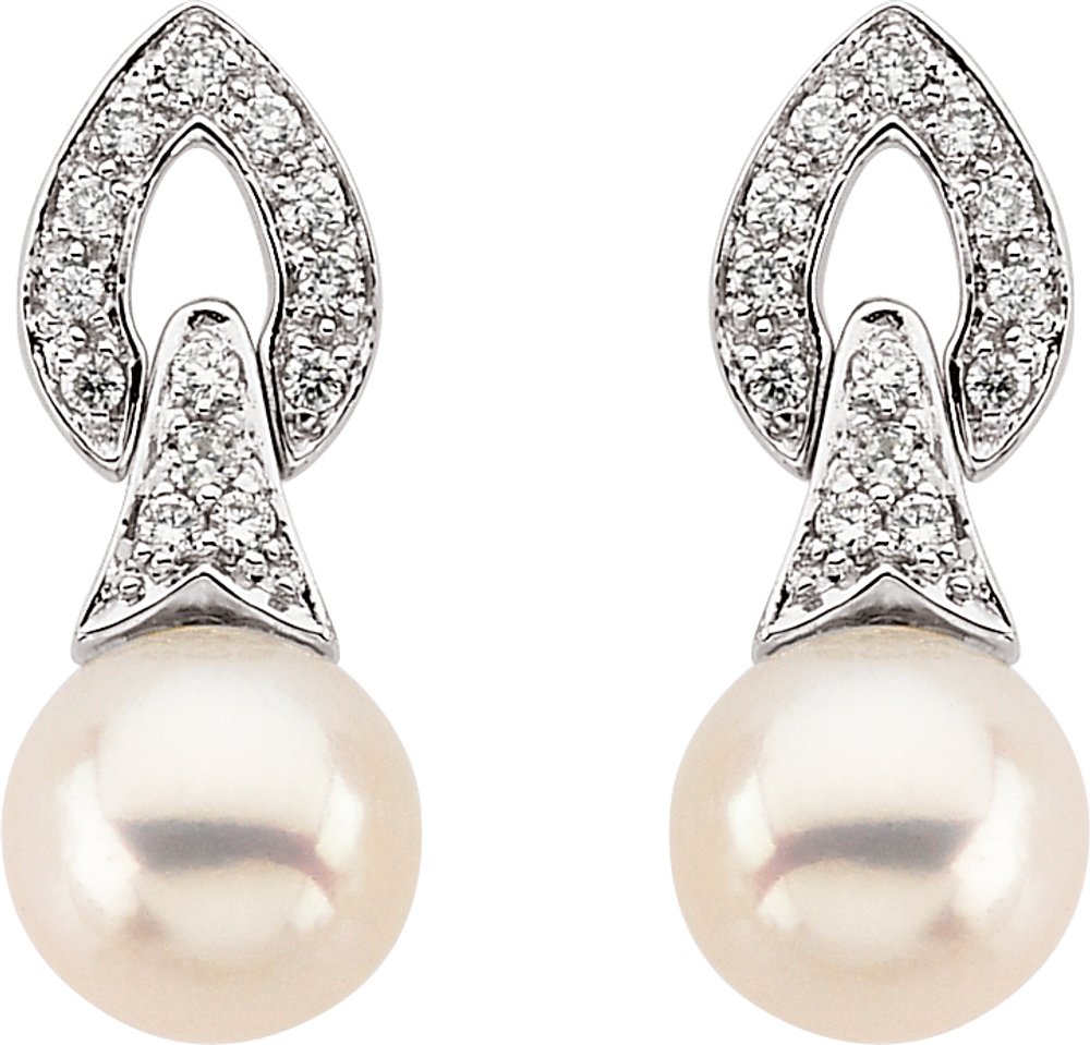14K White Gold Cultured White Freshwater Pearl & 1/6 CTW Natural Diamond Earrings