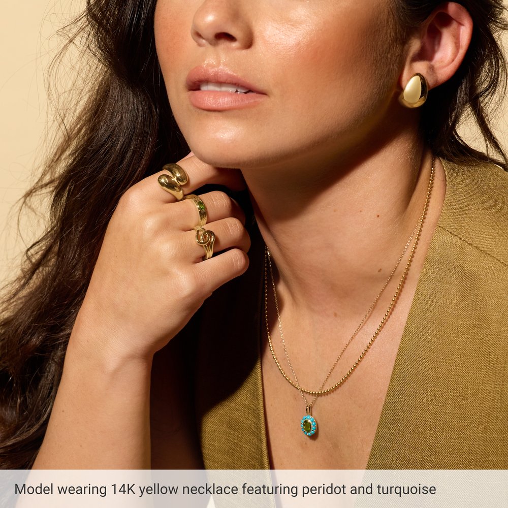 14K Yellow Gold Natural Peridot & Natural Turquoise Halo-Style 16-18" Necklace