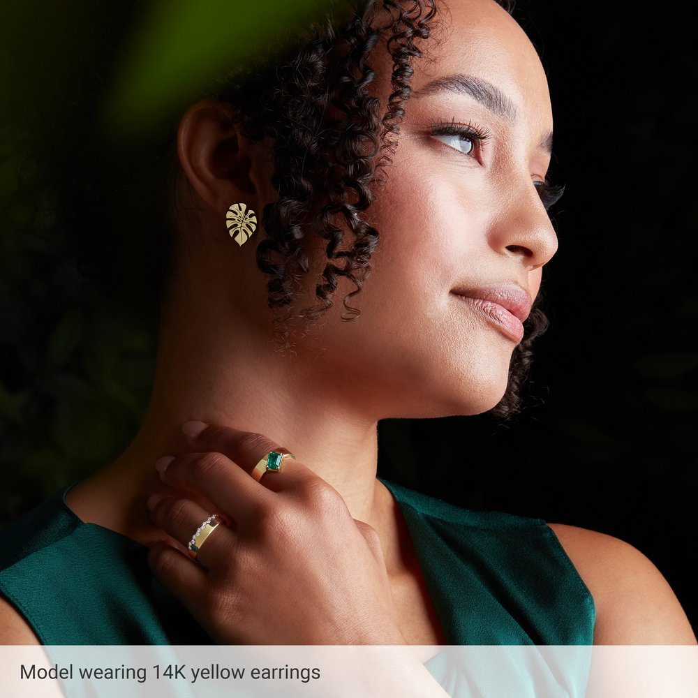14K Yellow Gold Monstera Leaf Stud Earrings