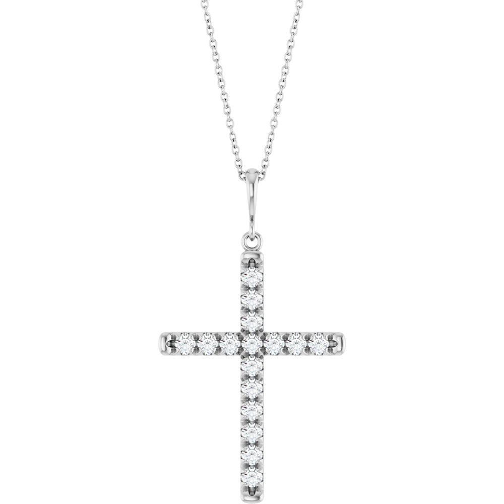14K White Gold 3/4 CTW Lab-Grown Diamond French-Set Cross 16-18" Necklace