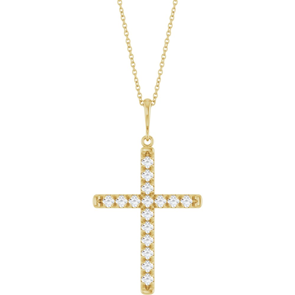 14K Yellow Gold 3/4 CTW Lab-Grown Diamond French-Set Cross 16-18" Necklace