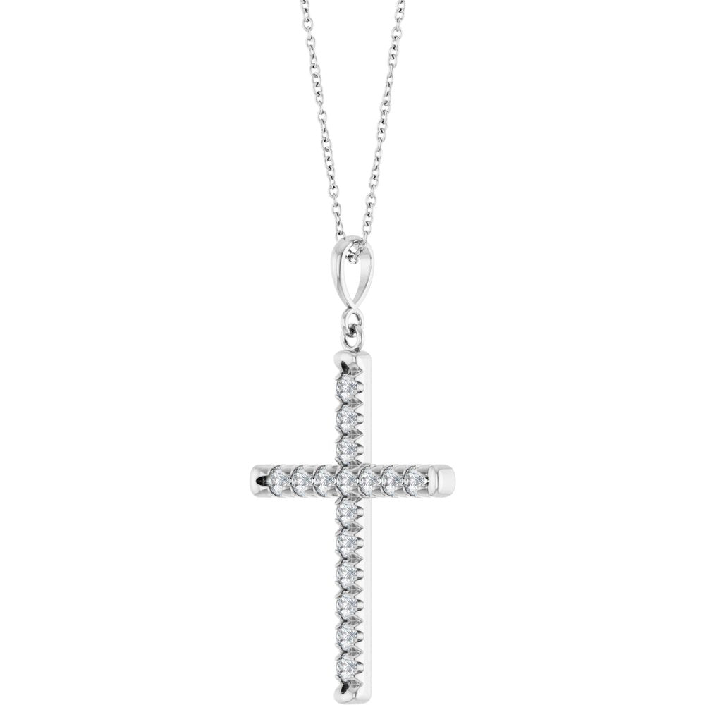 14K White Gold 3/4 CTW Lab-Grown Diamond French-Set Cross 16-18" Necklace