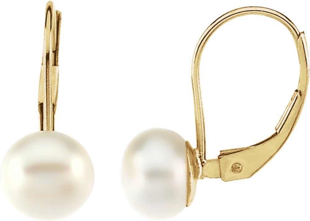 14K Yellow Gold Cultured White Freshwater Pearl Lever Back Earrings
