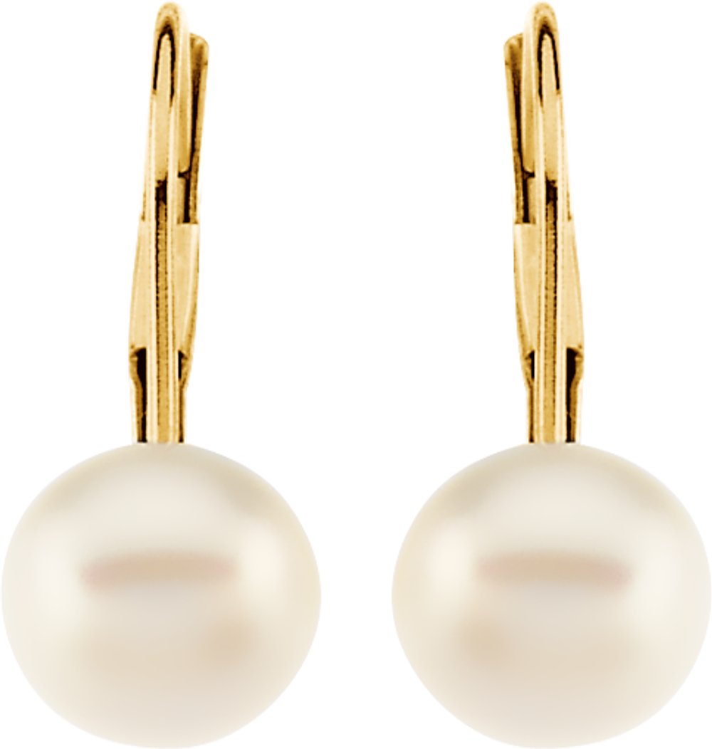 14K Yellow Gold Cultured White Freshwater Pearl Lever Back Earrings