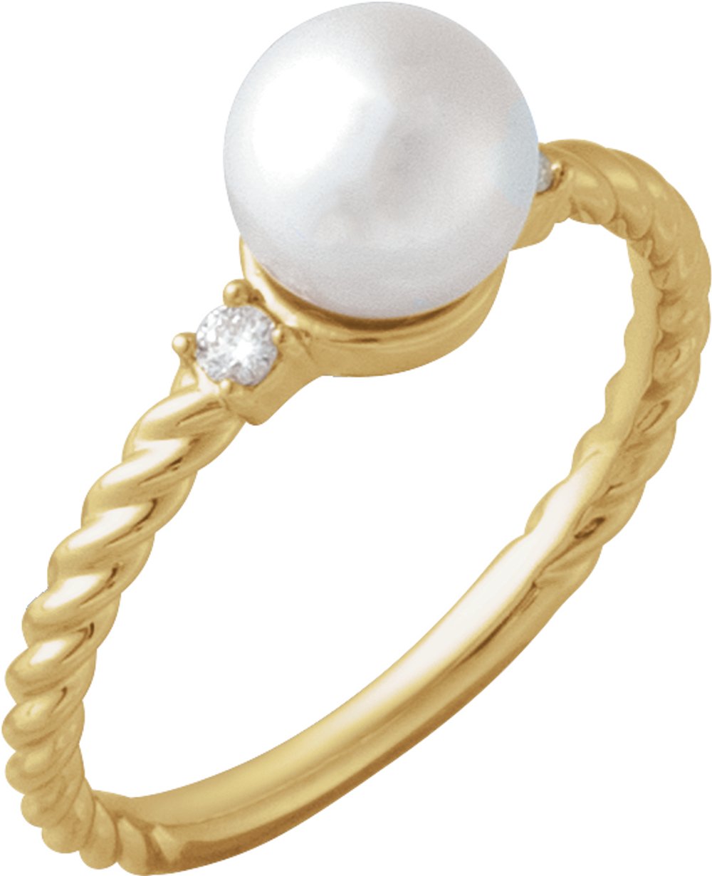 14K Yellow Gold Cultured White Akoya Pearl & .06 CTW Natural Diamond Rope Ring