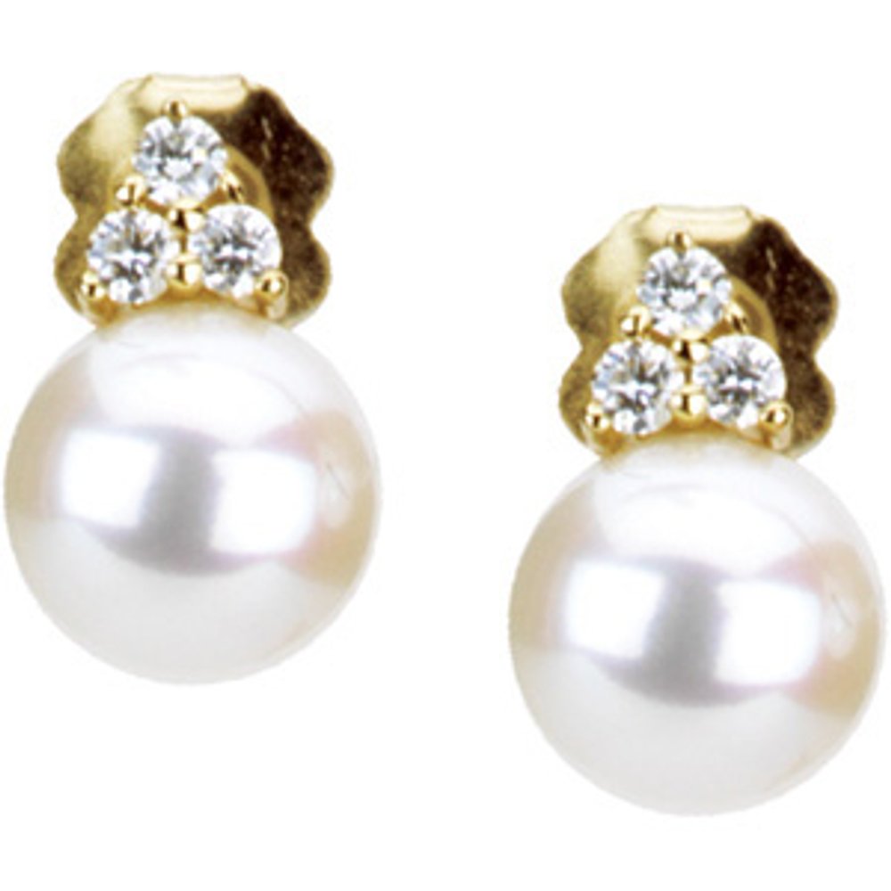 14K Yellow Gold Cultured White Freshwater Pearl & 1/10 CTW Natural Diamond Earrings