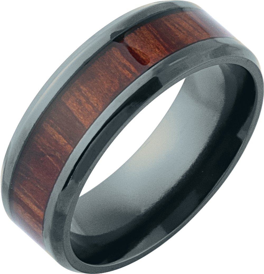 Black Titanium 8 mm Beveled-Edge Golden Pineapple Wood Inlay Comfort-Fit Band Size 7.5