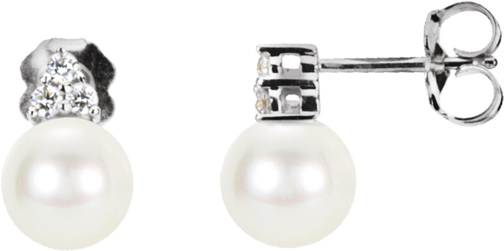 14K White Gold Cultured White Freshwater Pearl & 1/10 CTW Natural Diamond Earrings
