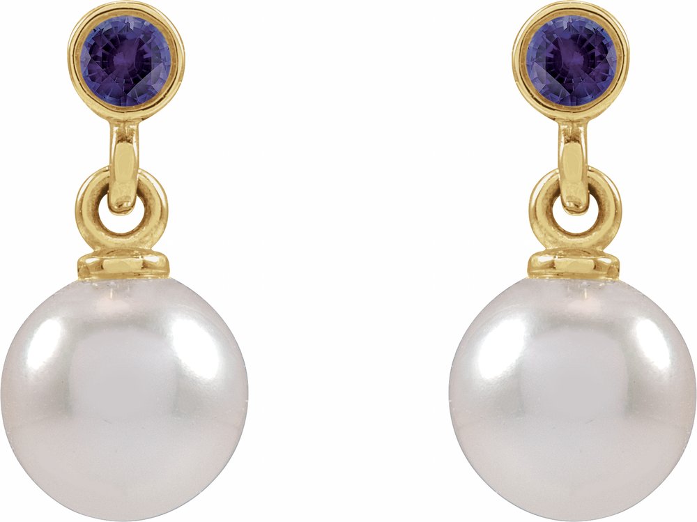 14K Yellow Gold Cultured White Akoya Pearl & Lab-Grown Purple Sapphire Earrings