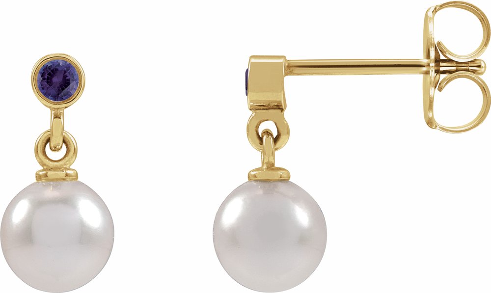 14K Yellow Gold Cultured White Akoya Pearl & Lab-Grown Purple Sapphire Earrings