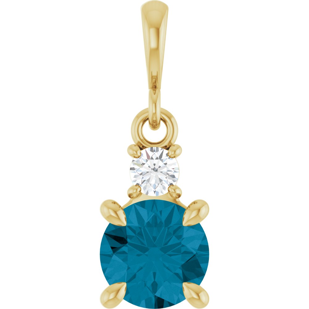 14K Yellow Gold Natural London Blue Topaz & .07 CT Natural Diamond Pendant