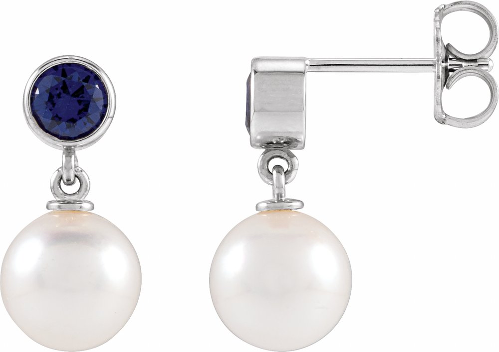 14K White Gold Cultured White Akoya Pearl & Lab-Grown Blue Sapphire Earrings