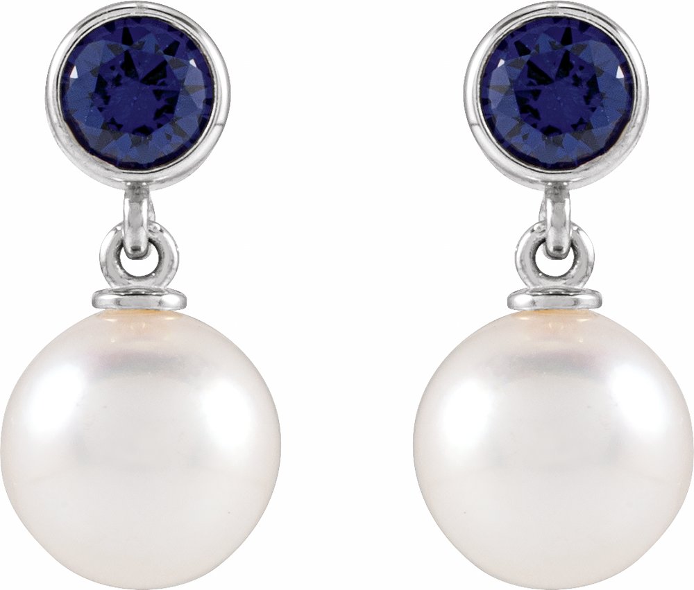 14K White Gold Cultured White Akoya Pearl & Lab-Grown Blue Sapphire Earrings