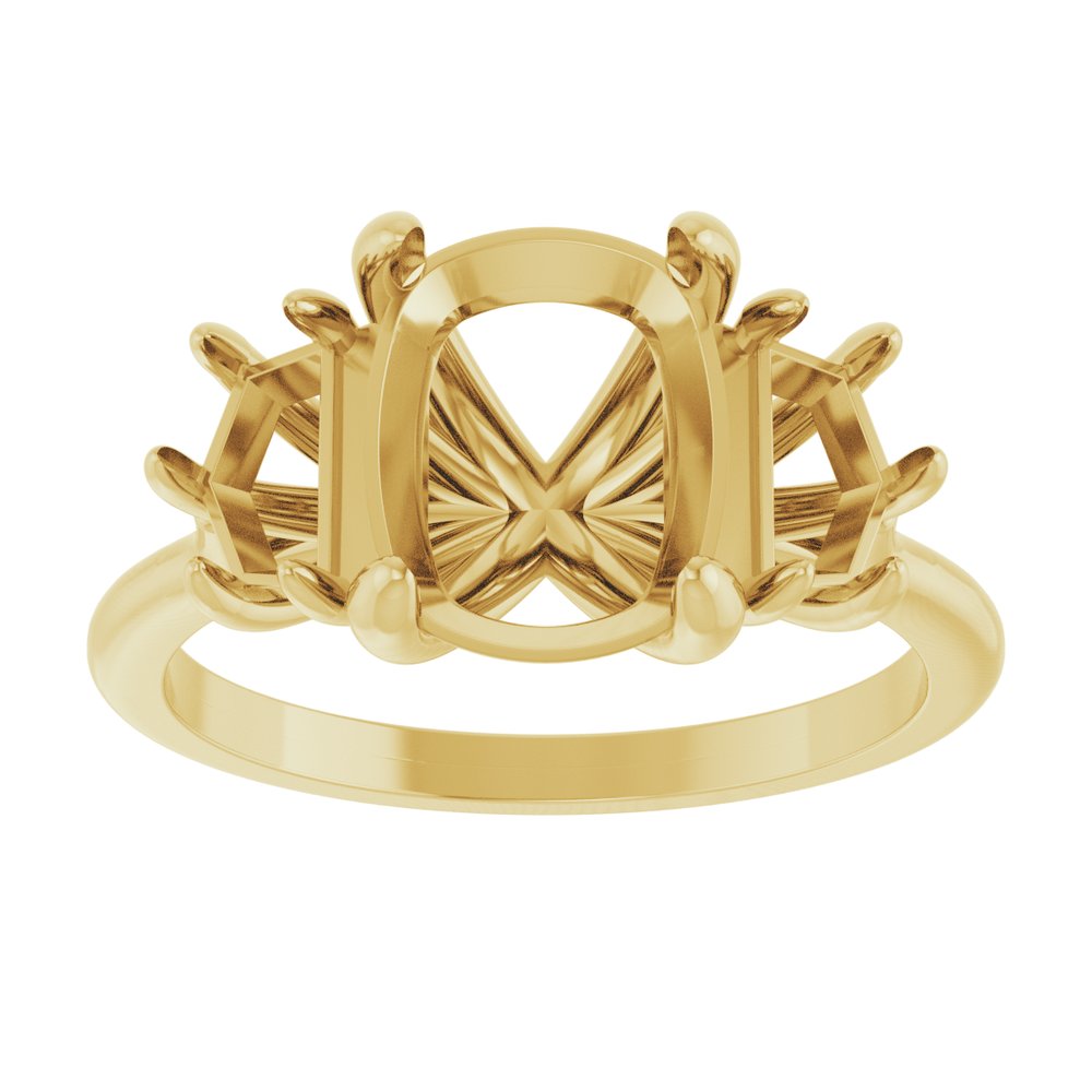 14K Yellow Gold 9x7 mm Elongated Cushion Three-Stone Engagement Ring Mounting