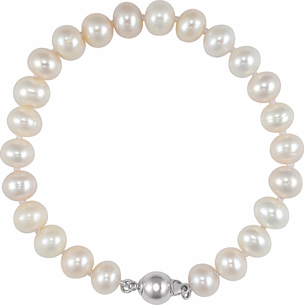 Sterling Silver 8-9 mm Cultured White Freshwater Pearl 7 3/4" Bracelet