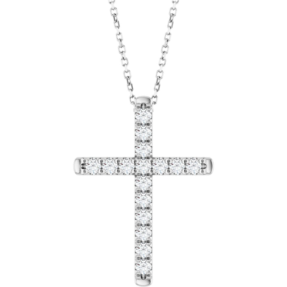 14K White Gold 1/2 CTW Natural Diamond French-Set Cross 16-18" Necklace