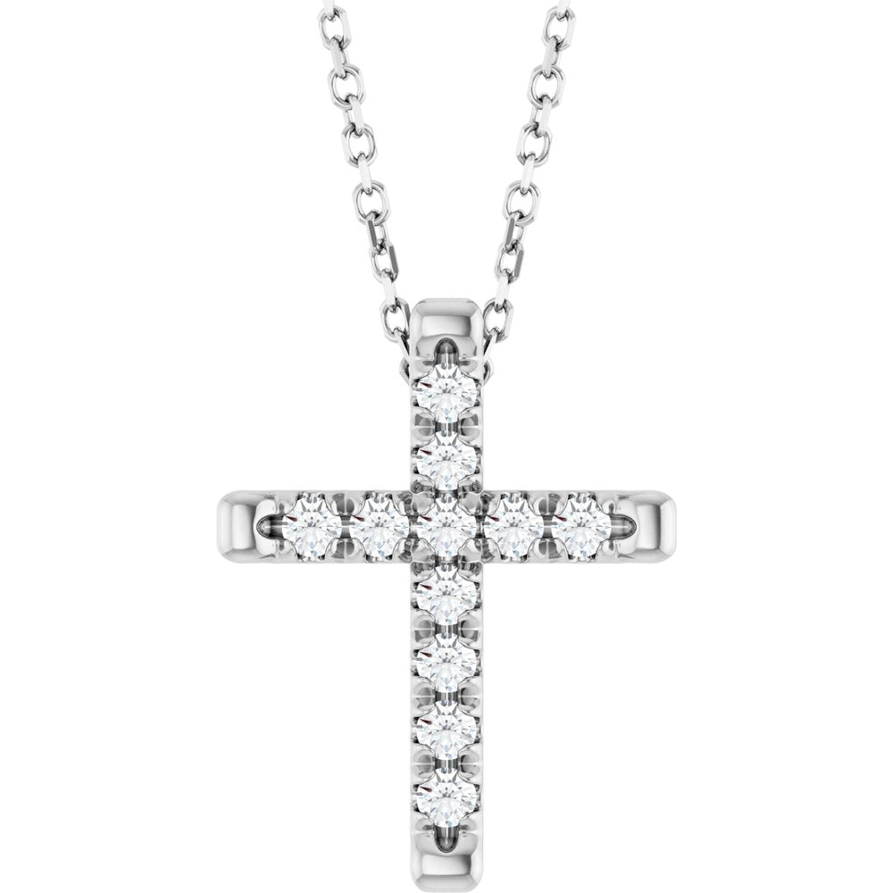 14K White Gold 1/5 CTW Lab-Grown Diamond French-Set Cross 16-18" Necklace