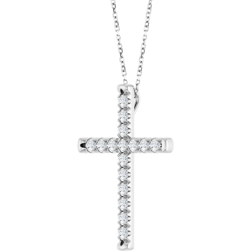 14K White Gold 1 CTW Lab-Grown Diamond French-Set Cross 16-18" Necklace