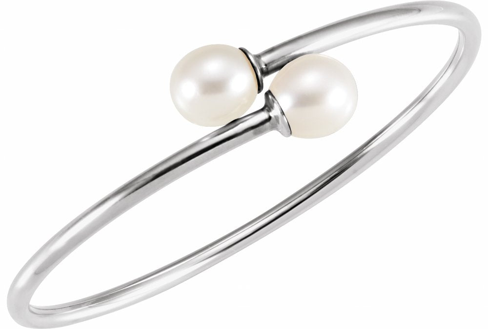 Sterling Silver Cultured White Freshwater Pearl Flexible Bangle Bracelet