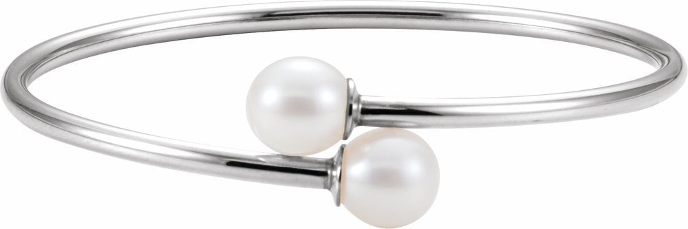 Sterling Silver Cultured White Freshwater Pearl Flexible Bangle Bracelet