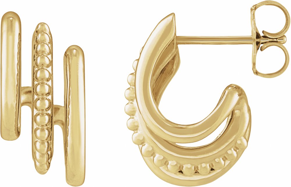 14K Yellow Gold Beaded Stacked 15.2 mm Triple J-Hoop Earrings
