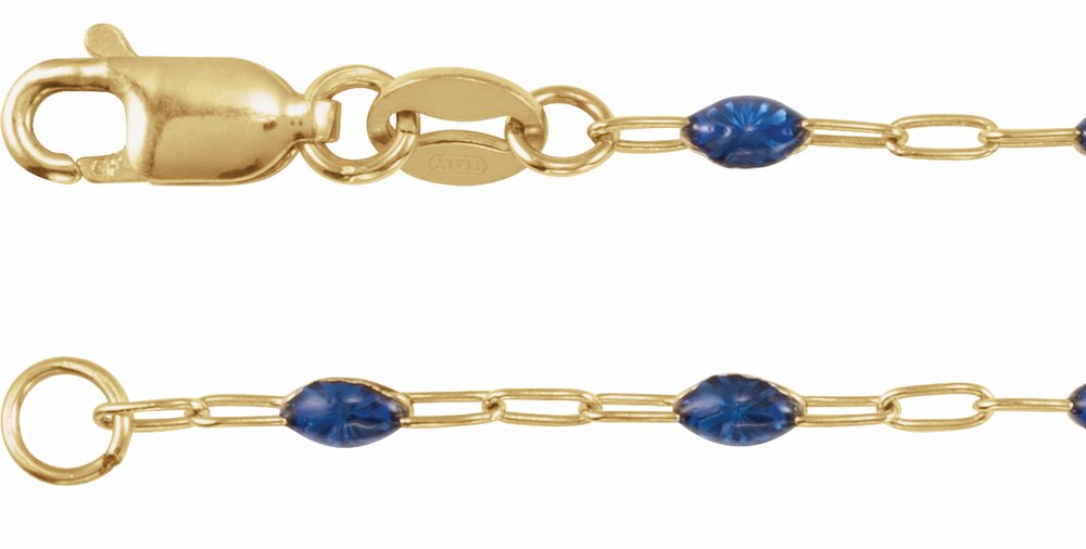 14K Yellow Gold-Filled 1.6 mm Blue Enamel Bead Paperclip-Style 7" Chain