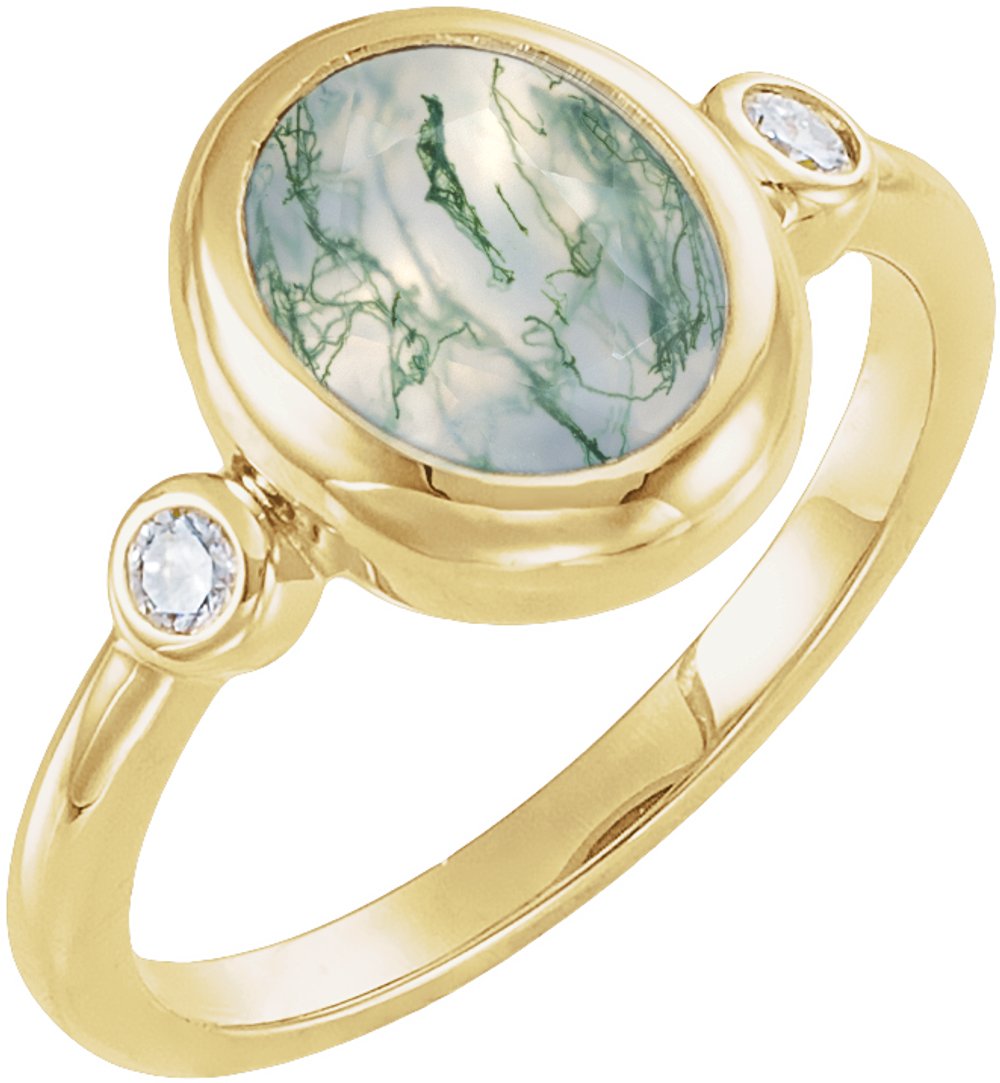 14K Yellow Gold Natural Moss Agate & 1/8 CTW Natural Diamond Cabochon Ring