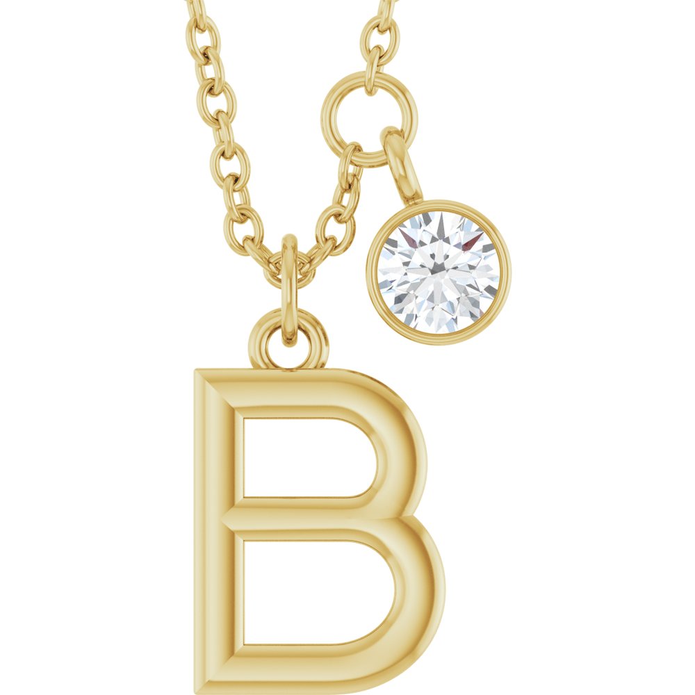 14K Yellow Gold Initial B 1/10 CT Natural Diamond 16-18" Necklace