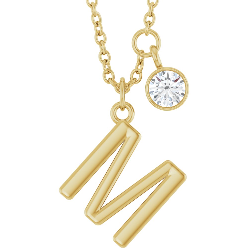 14K Yellow Gold Initial M 1/10 CT Lab-Grown Diamond 16-18" Necklace