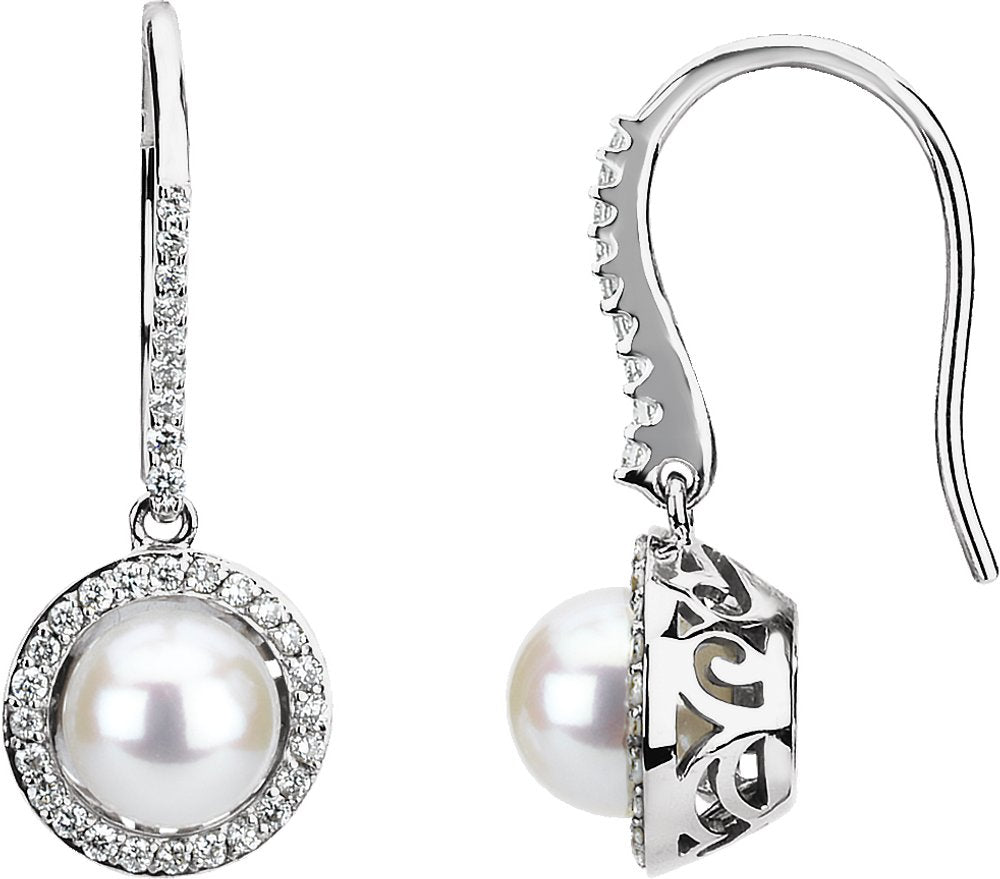 14K White Gold Cultured White Freshwater Pearl & 1/2 CTW Natural Diamond Earrings