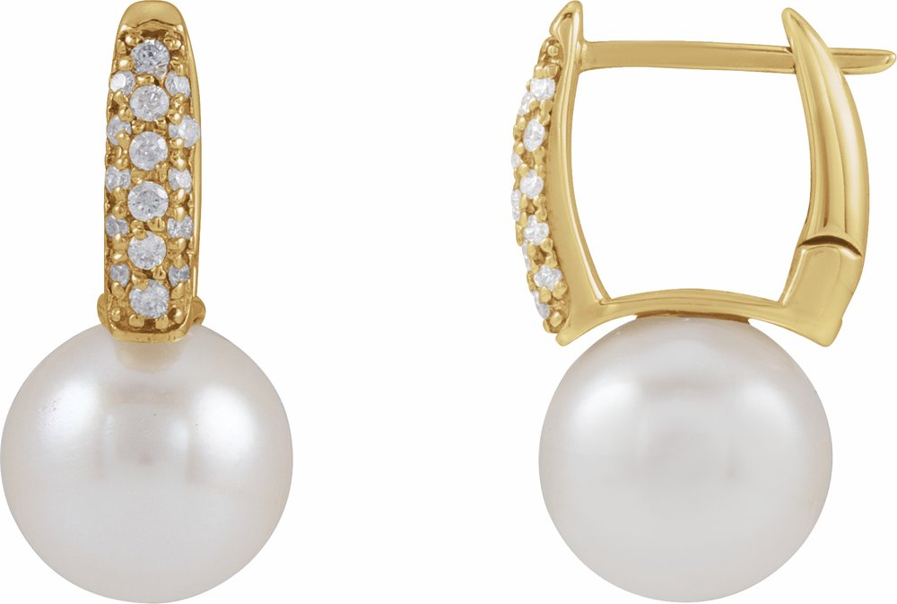 14K Yellow Gold Cultured White Akoya Pearl & 1/6 CTW Natural Diamond Earrings