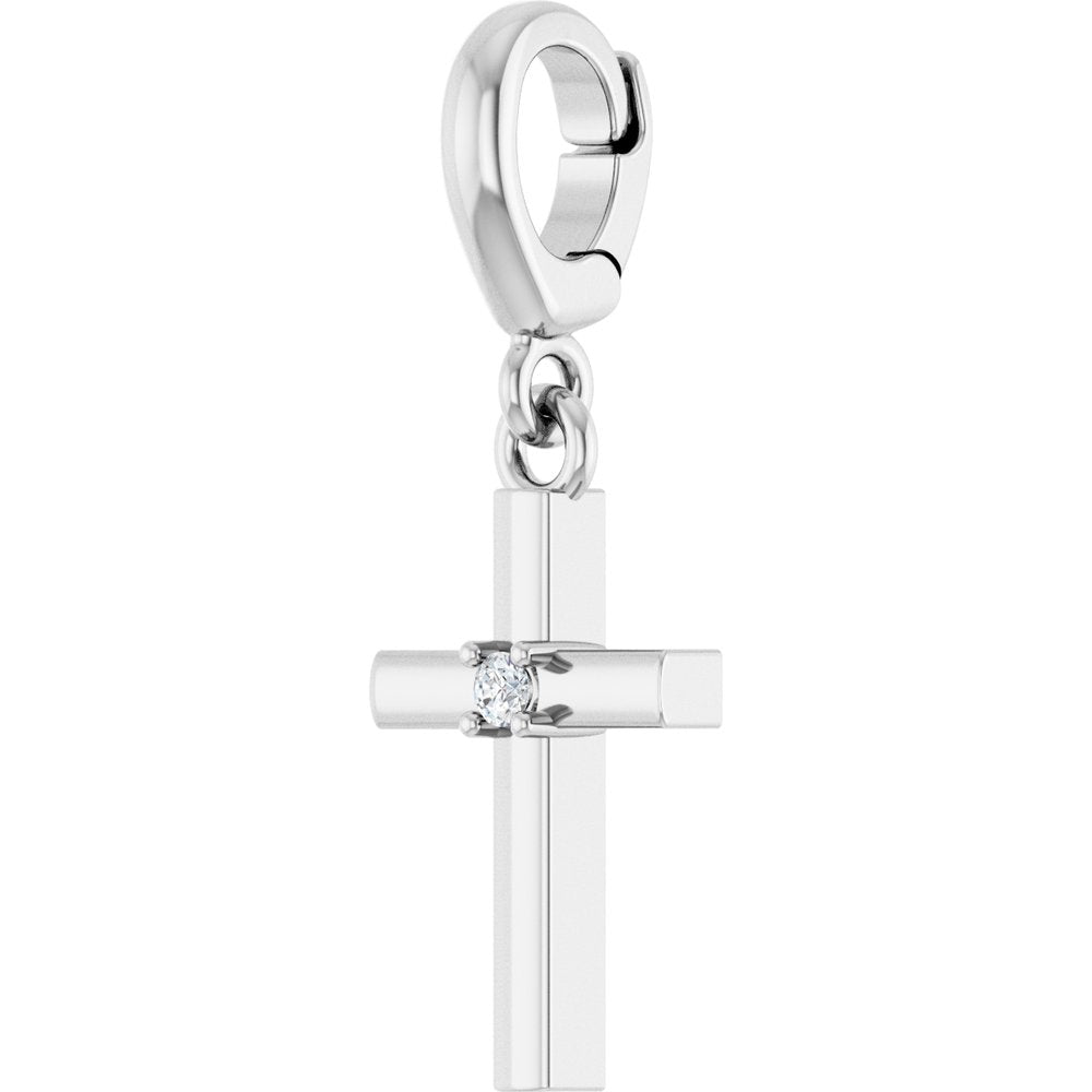 14K White Gold .02 CT Round Natural Diamond Cross Charm/Pendant
