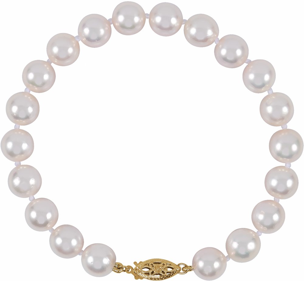 14K Yellow Gold Cultured White Akoya Pearl 7 1/2" Bracelet