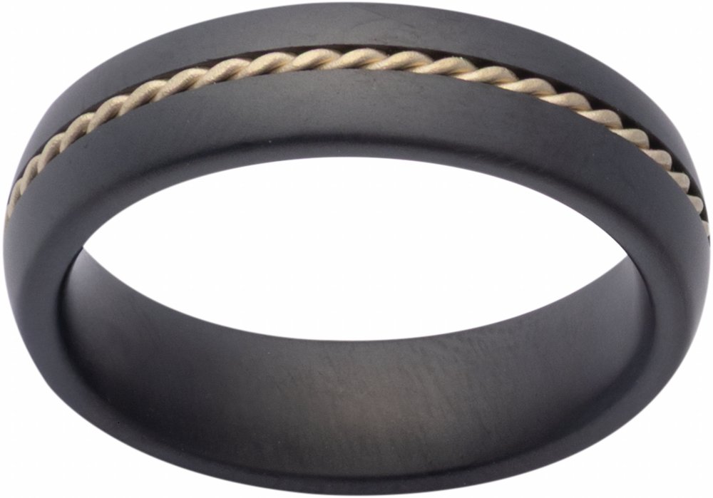Black Ceramic & 14K Yellow Gold 6 mm Rope Inlay Comfort-Fit Half-Round Band with Satin Finish Size 9