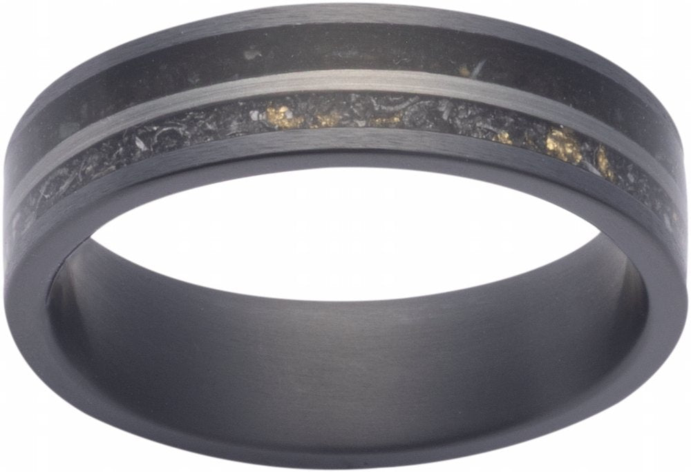 Zirconium 6 mm Crushed Megalodon, Meteorite & 14K Yellow Gold Inlay Comfort-Fit Flat Band Size 9