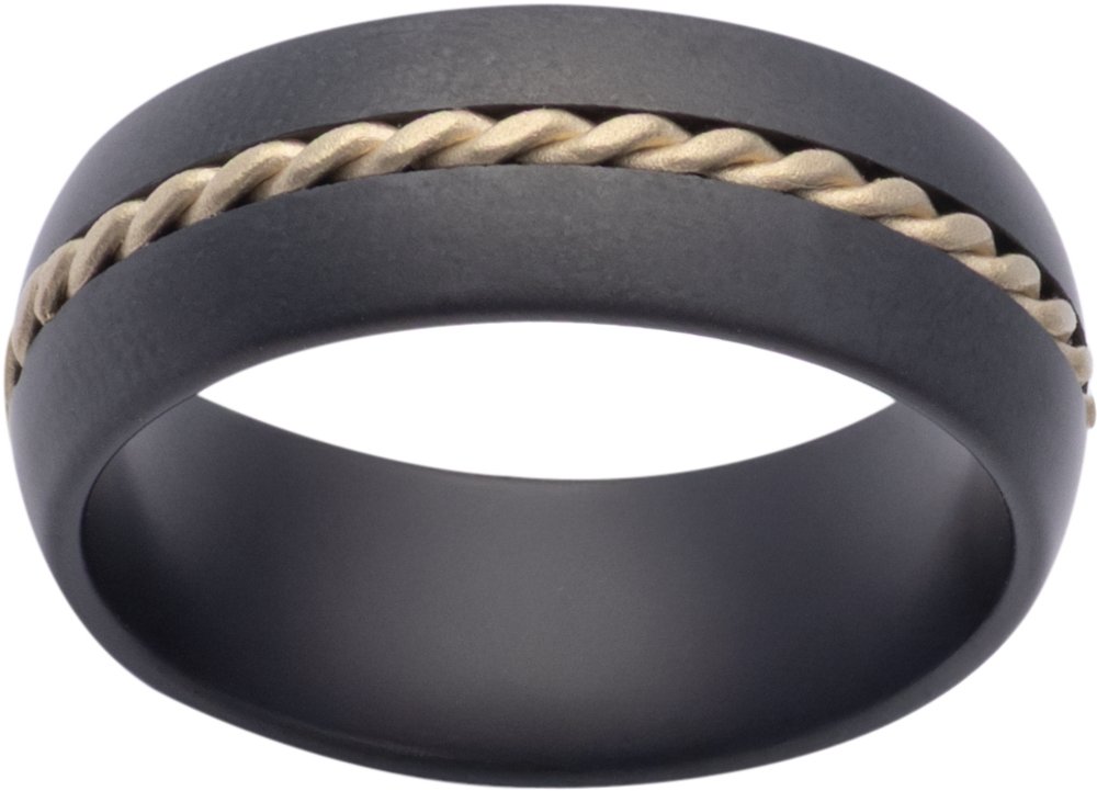 Black Ceramic & 14K Yellow Gold 8 mm Rope Inlay Comfort-Fit Half-Round Band with Satin Finish Size 8