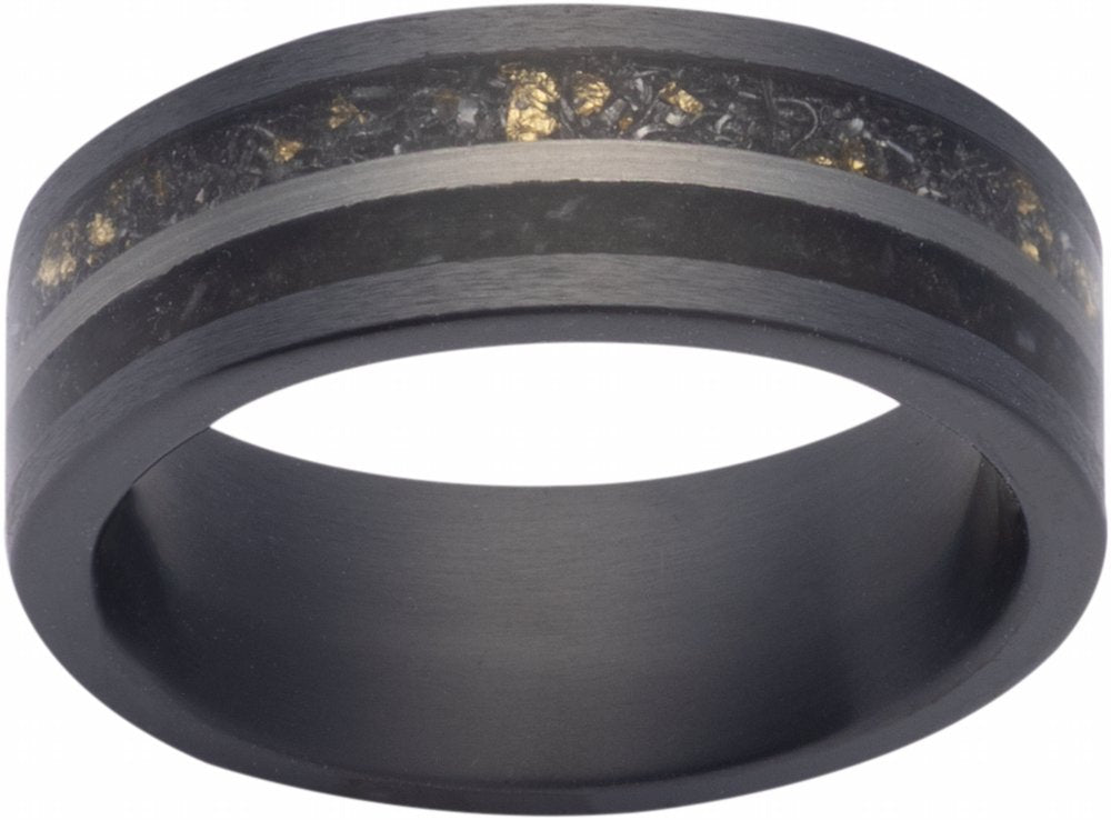 Zirconium 8 mm Crushed Megalodon, Meteorite & 14K Yellow Gold Inlay Comfort-Fit Flat Band Size 8