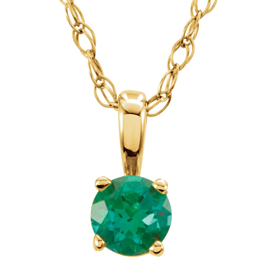 14K Yellow Gold 3 mm Imitation Emerald Youth Solitaire 14" Necklace