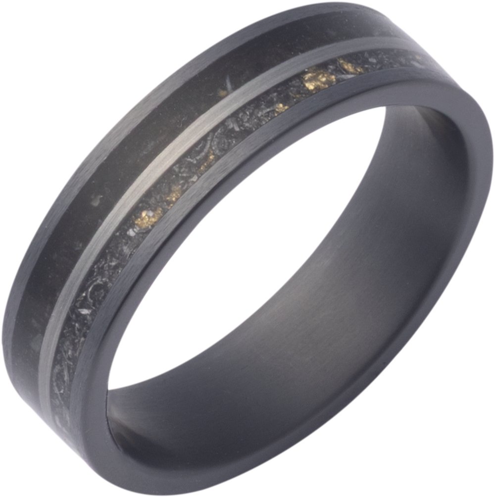 Zirconium 6 mm Crushed Megalodon, Meteorite & 14K Yellow Gold Inlay Comfort-Fit Flat Band Size 9