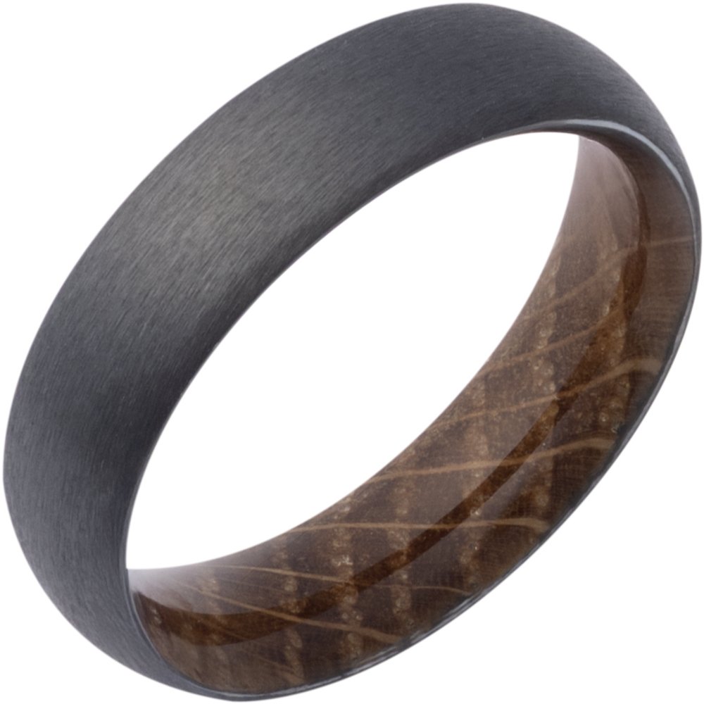 Zirconium 6 mm Whiskey Barrel Wood Interior Sleeve Comfort-Fit Half-Round Band Size 8